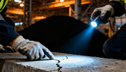 Foreman work inspection on cracked concrete slab under flashlight highlighting safety concern and focused repair assessment