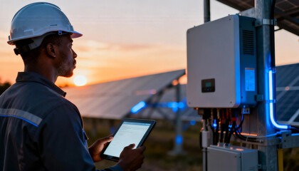 Young foreman inspecting solar inverter at sunset with tablet and calm expression