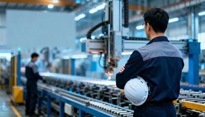 Foreman work factory supervisor watches automated production line with helmet arm focused quality control and efficiency