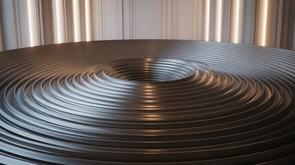 Abstract metallic concentric circles create a hypnotic ripple effect against a backdrop of vertical illuminated panels