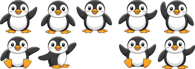 Cute cartoon penguin characters, playful winter animals, adorable arctic birds illustration, cheerful penguins waving and standing, fun kids design artwork