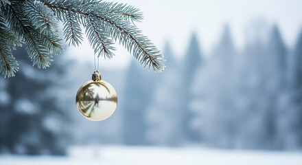 Frosted evergreen branch with single gold ornament against blurred winter scene, representing holiday spirit, festive season, and peaceful winter atmosphere