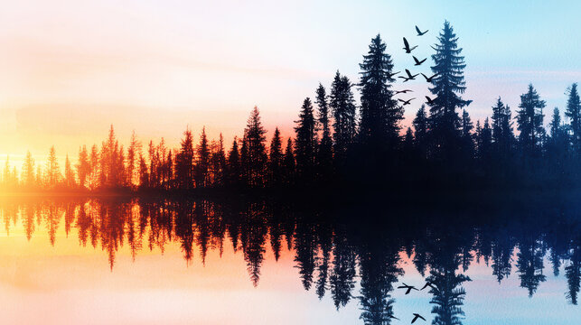 Serene landscape featuring tranquil lake reflecting vibrant sunset with silhouettes of pine trees and birds in flight, evoking peace and beauty