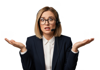 Confused businesswoman wearing headset and glasses gesturing with open palms isolated on transparent background