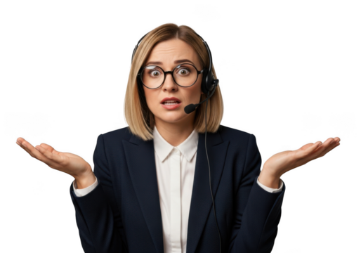 Confused businesswoman wearing headset and glasses gesturing with open palms isolated on transparent background - Powered by Adobe