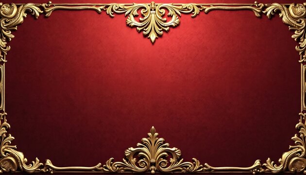 Ornate gold filigree borders decorate rich ruby red textured background. Elegant antique damask pattern evokes luxury, vintage style. Sophisticated classic design for invitations ornate certificates.