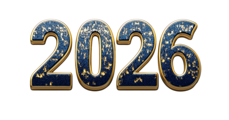 3 D Rendered Year 2026 Text in Royal Blue and Gold isolated on a transparent background new year number