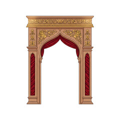 Fototapeta premium Ornate Mughal Archway with Red Drapes isolated on a transparent background Invitation