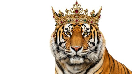 Fototapeta premium tiger wearing a gold ornate crown, queen or king crown, on a white background, animal photo
