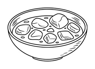 Black and white line of a bowl with irregular shaped in broth soup shapes