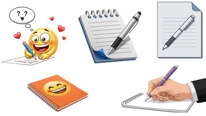 Collection of writing and notetaking icons emoji writing, notebooks, and hand with pen isolated on transparent background