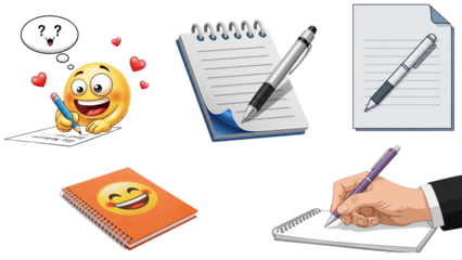 Collection of writing and notetaking icons emoji writing, notebooks, and hand with pen isolated on transparent background