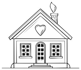 Black and white outline drawing of a charming house featuring a heart shape and smoking chimney