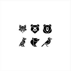 6 geometric animal shapes fox, bear, bird, solid black vector fill, white background