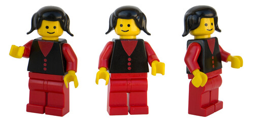Obraz premium Figura de mujer de LEGO oficial. Tres posturas. Imagen aislada