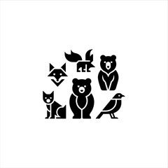 6 geometric animal shapes fox, bear, bird, solid black vector fill, white background