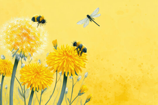Banner hello summer with dandelions. Bright yellow dandelions, two bees and a dragonfly