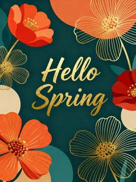 A vibrant illustration featuring colorful flowers with the text "Hello Spring," celebrating the arrival of the spring season.