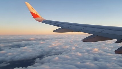 Fototapeta premium Airplane Wing Flying Above Clouds at Sunset