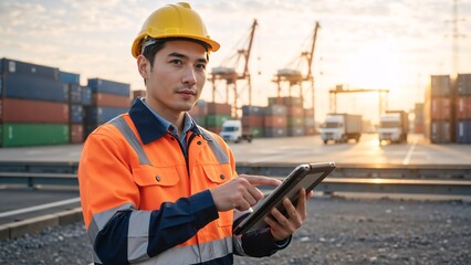Asian engineer in a hard hat using a tablet at a container port. Logistics manager working on supply chain management in a shipping yard at sunset
