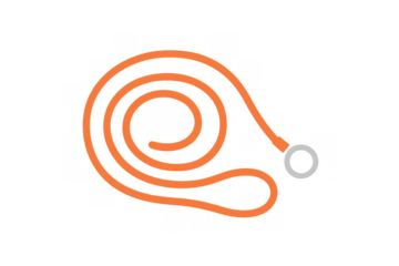 Orange spiral lanyard presenting a gray metallic ring, ideal for identity card holders or access pass graphics. Transparent background