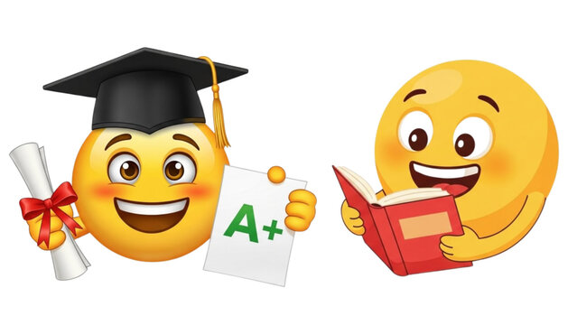 Two happy emojis one graduating with diploma and a grade, one reading book