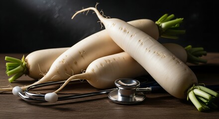 Fresh Daikon Radishes and Stethoscope on Wood