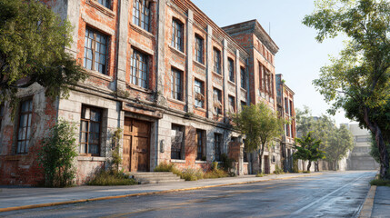 Fototapeta premium Abandoned brick factory building on empty street showing urban decay and manufacturing decline with soft morning light