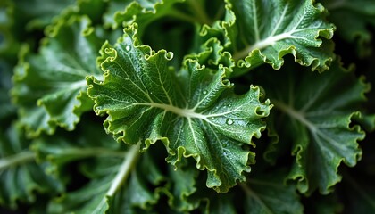 Close up of fresh green curly kale leaves with water droplets. Detailed texture of healthy vegetable for salad or cooking. Macro view shows veins and ruffled edges of plant.