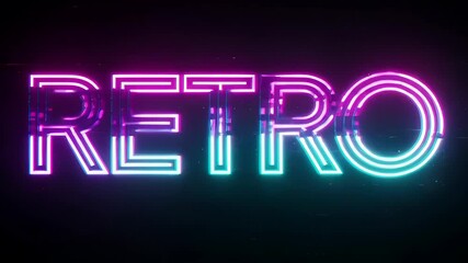 Glowing retro word in a vibrant neon light style with a glitch effect. Futuristic 1980s inspired synthwave design for a creative digital banner or title sequence - Powered by Adobe