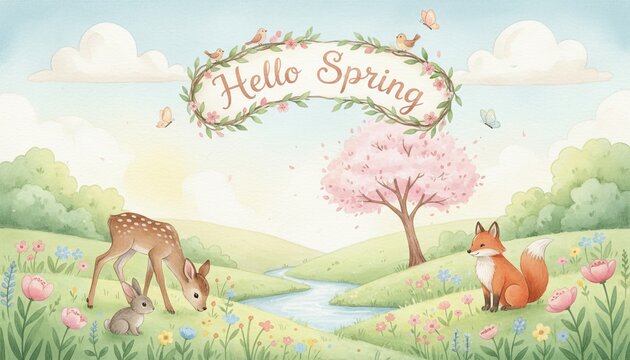 A whimsical illustration of spring featuring deer, a rabbit, a fox, blooming flowers, and a cherry blossom tree, with a cheerful "Hello Spring" banner.