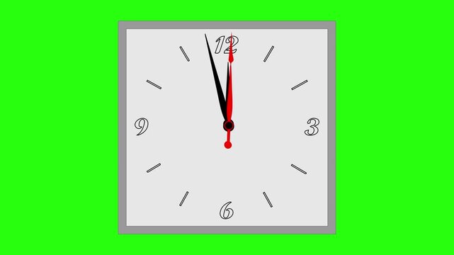 Animated square analog clock with ticking hands on green screen. Time lapse and deadline concept for business, schedule, or countdown videos