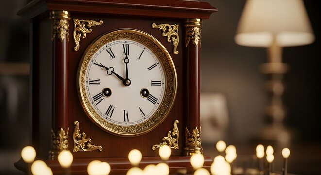 Antique wooden mantel clock with roman numerals and warm glowing lights