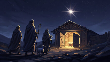 Nativity scene with shepherds and glowing stable under bright star. Shepherds approach stable filled with warmth and light, symbolizing hope and faith.