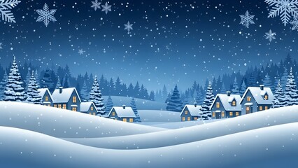 Snowy village landscape with houses and trees under snowfall at night time with snowflakes falling from dark blue sky