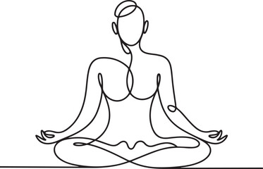 Continuous line art illustration of figure in lotus meditation posture with natural sketch contour