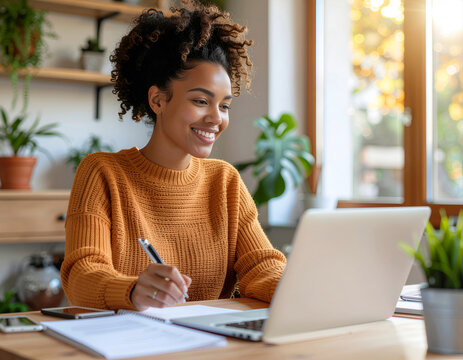 Young Woman Working at Home: A young woman with a warm smile works diligently on her laptop in a comfortable home office, surrounded by plants and natural light.