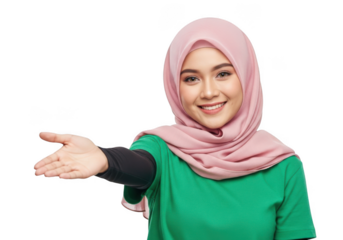 Young woman wearing a pink hijab and green t shirt offering a welcoming gesture isolated on transparent background