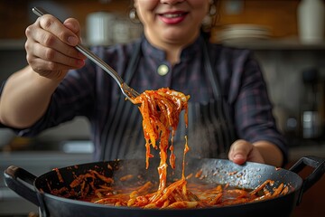 Pasta reci&eacute;n hecha siendo mezclada con salsa espesa en una cocina acogedora