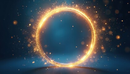 Naklejka na ściany i meble Golden circle frame glows on dark blue background. Abstract light effect creates a magical atmosphere. Suitable for announcements or branding.