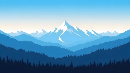 Serene mountain landscape with snow capped peaks and trees in the foreground under a clear blue sky with a gradient of white and yellow hues at sunrise or sunset
