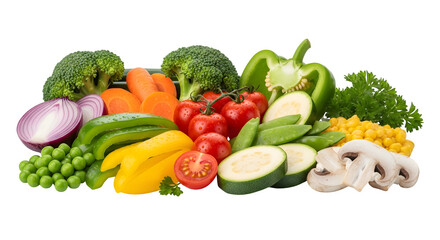 Abundant colorful variety of fresh vegetables including broccoli carrots tomatoes peppers and greens isolated on transparent background