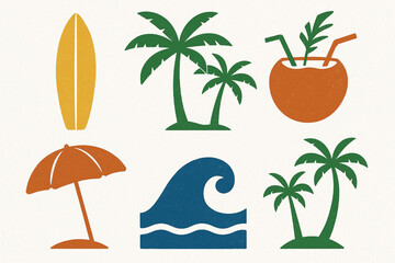 Obraz premium Brazilian Beach Culture Icon Set Surfboard Palm Trees Coconut Drink Umbrella Ocean Wave Flat Vector Grid