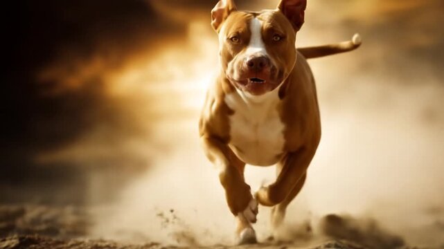 A powerful pit bull runs through a field of dust in the golden light of sunset.