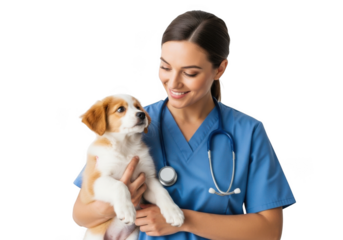 Smiling veterinarian wearing blue scrubs and stethoscope gently holding a small puppy isolated on transparent background