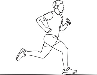 Continuous line art illustration of jogger in motion wearing headphones with natural sketch contour