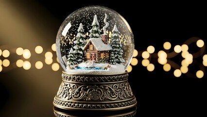 Festive Snow Globe with a Cozy Log Cabin and Snow-Covered Trees, Illuminated by Warm Bokeh Lights on a Dark Background