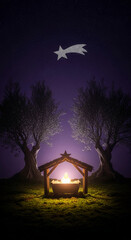 Night scene showing wooden manger with a glowing figure, flanked by two trees, and a shining star above, representing religious holiday, faith, and hope