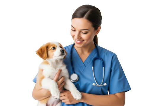 Smiling veterinarian wearing blue scrubs and stethoscope gently holding a small puppy isolated on transparent background