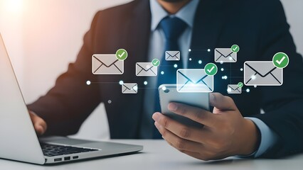 Business professional interacting with digital communication icons and technology in a modern office setting